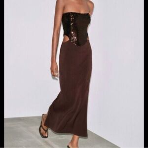 Zara Strapless Sequin Bodice Brown Maxi Dress